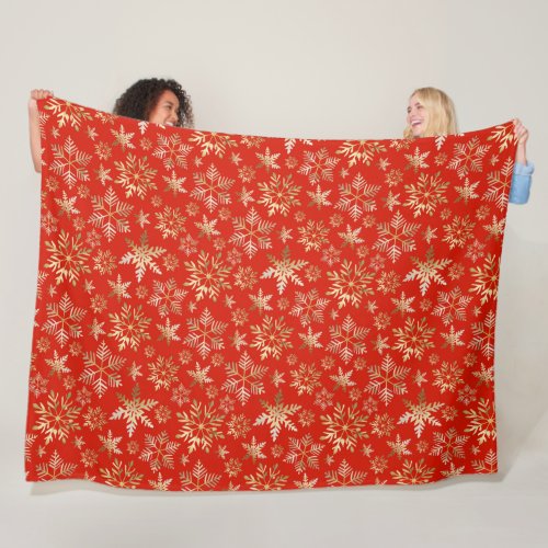 Elegant Golden Snowflakes Lava Red Christmas Fleece Blanket