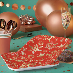 Elegant Golden Snowflakes Lava Red Christmas Paper Plates