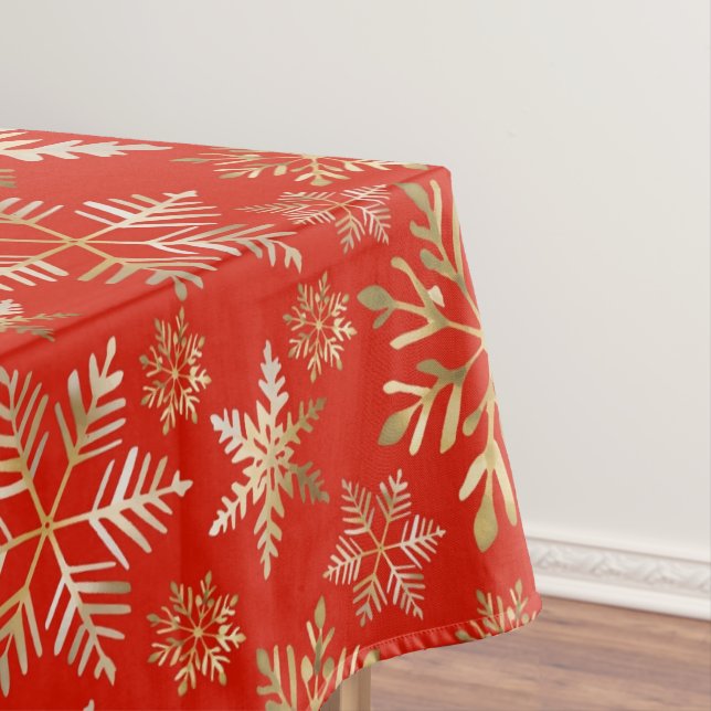 Elegant Golden Snowflakes Lava Red Christmas Tablecloth (In Situ)