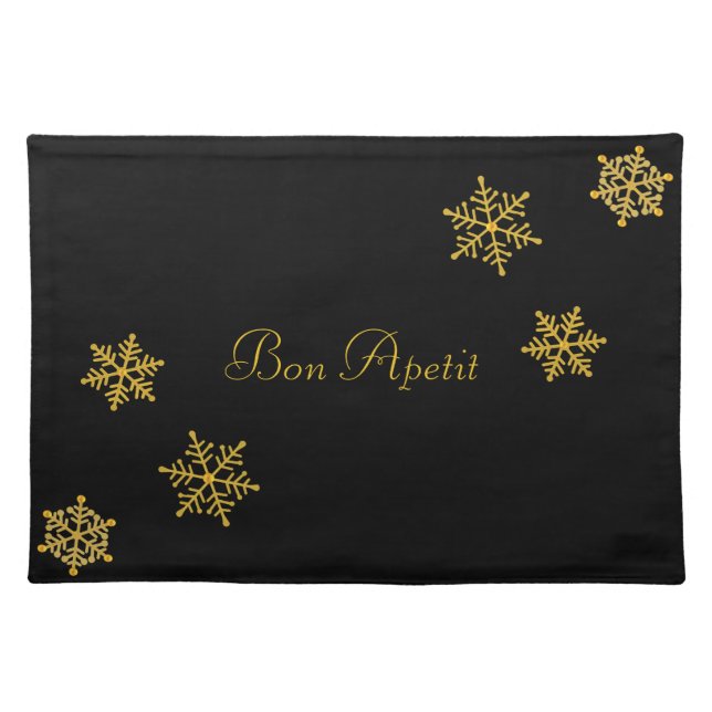 Elegant Golden Snowflakes on Black Cloth Placemat (Front)
