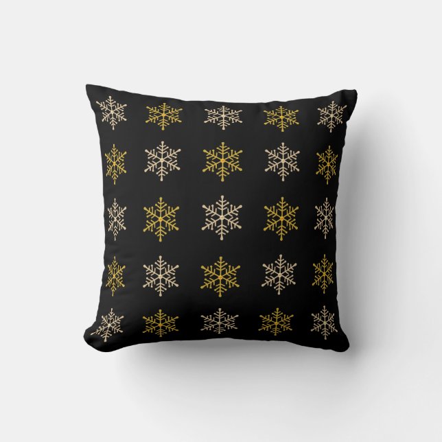 Elegant Golden Snowflakes on Black Throw Pillow (Front)