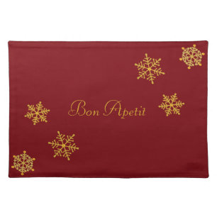 Elegant Golden Snowflakes on Burgundy Cloth Placemat