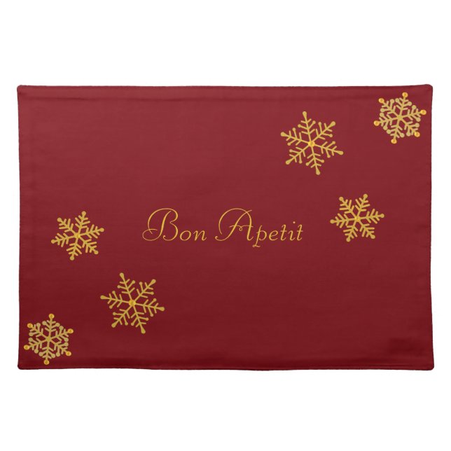 Elegant Golden Snowflakes on Burgundy Cloth Placemat (Front)