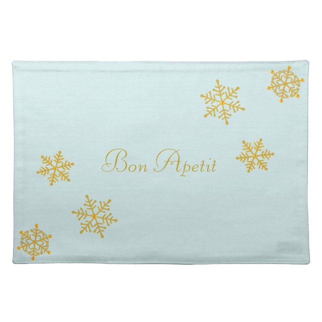 Elegant Golden Snowflakes on Light Blue Cloth Placemat (Front)