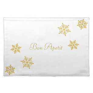 Elegant Golden Snowflakes on White Cloth Placemat