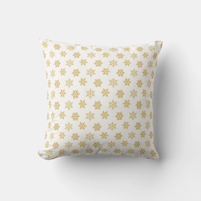 Elegant Golden Snowflakes on White Throw Pillow (Front)