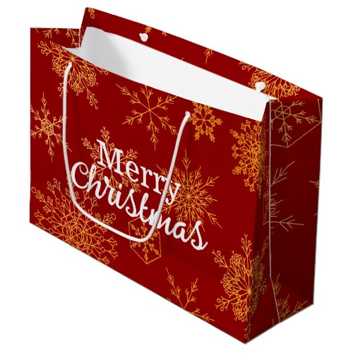 Elegant Golden Snowflakes Red Cute Merry Christmas Large Gift Bag