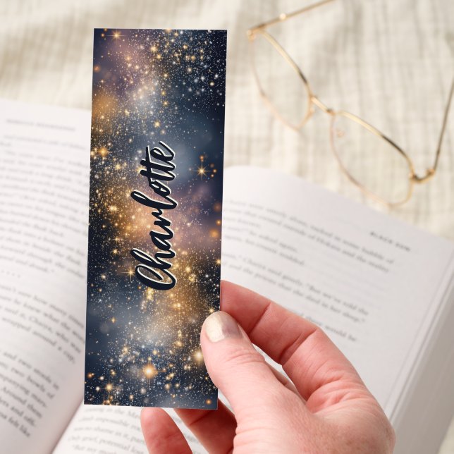 Elegant Golden Stardust Night Personalized Bookmarks (Hand)