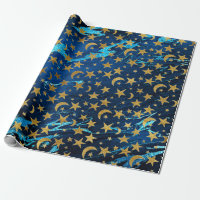 Elegant Golden Stars and Moon Blue Navy Marble Wrapping Paper