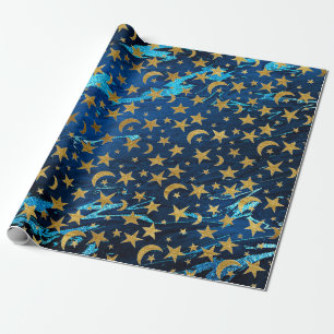 Elegant Golden Stars and Moon Blue Navy Marble Wrapping Paper