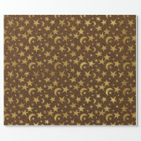 Elegant Golden Stars and Moon Brown Natural Kraft Wrapping Paper