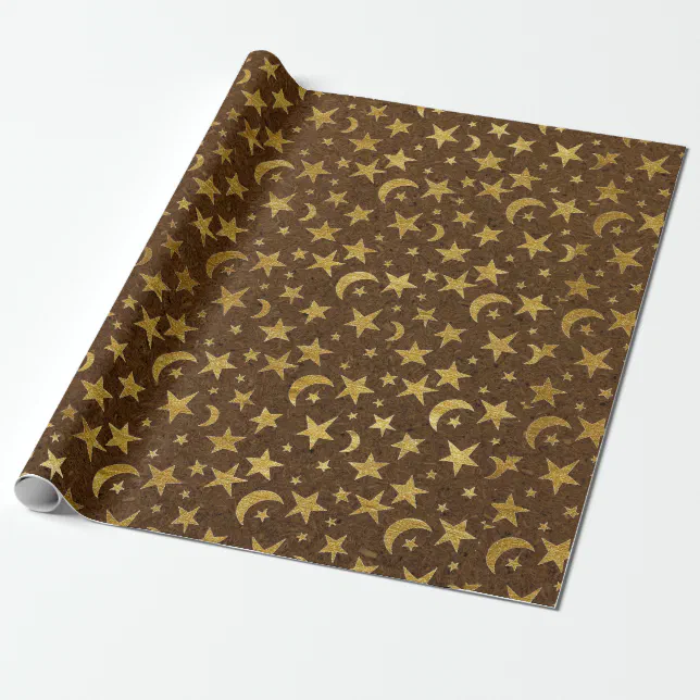 Elegant Golden Stars and Moon Olive Green Kraft Wrapping Paper