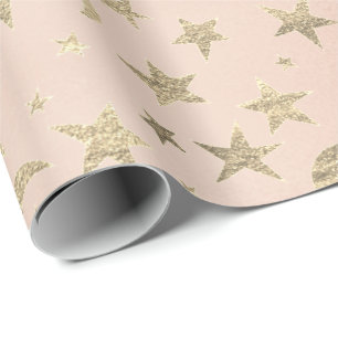 Elegant Golden Stars and Moon Faux Pink Rose Blush Wrapping Paper