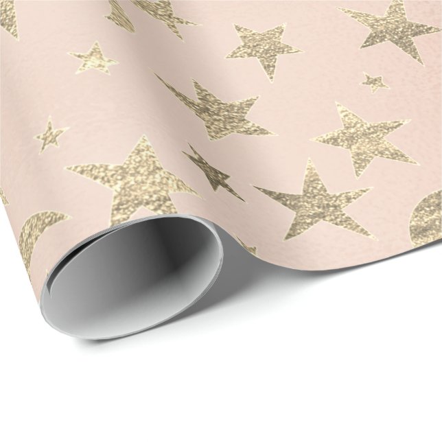 Elegant Golden Stars and Moon Faux Pink Rose Blush Wrapping Paper (Roll Corner)
