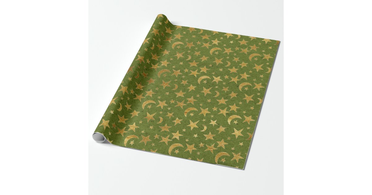Elegant Golden Stars and Moon Olive Green Kraft Wrapping Paper