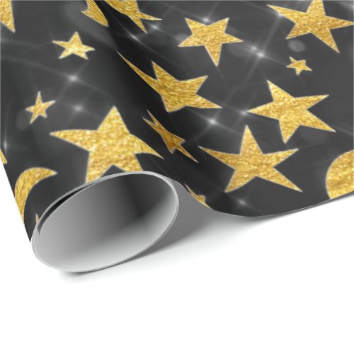 Elegant Golden Stars and Moon Spark Black Sky Wrapping Paper