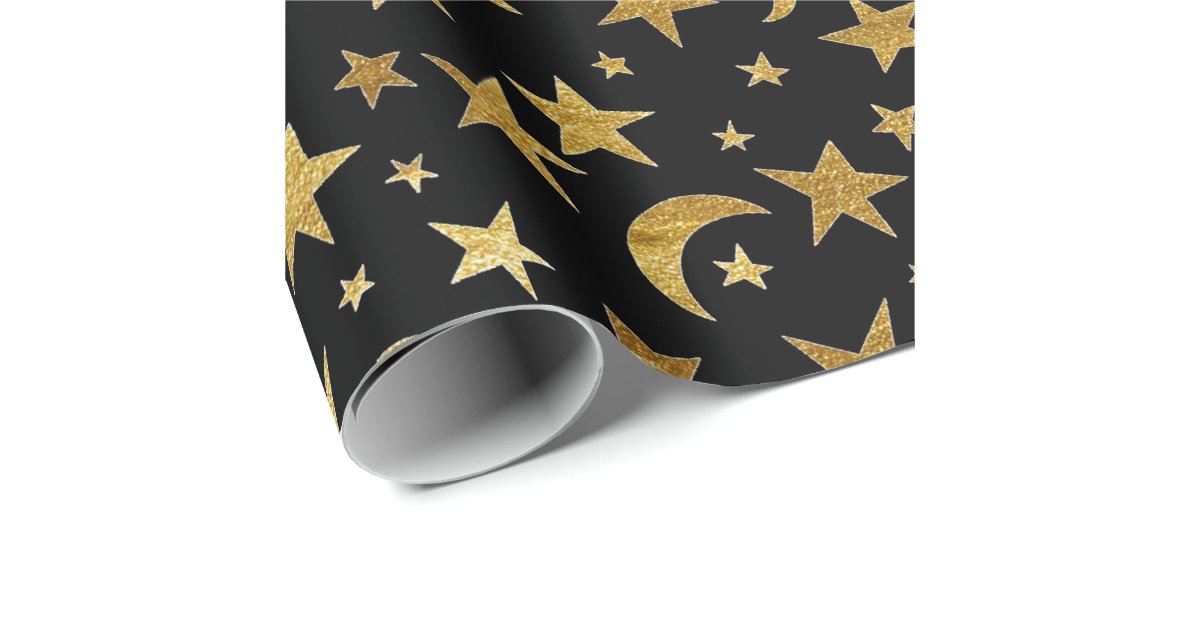 Elegant Golden Stars and Moon Brown Natural Kraft Wrapping Paper
