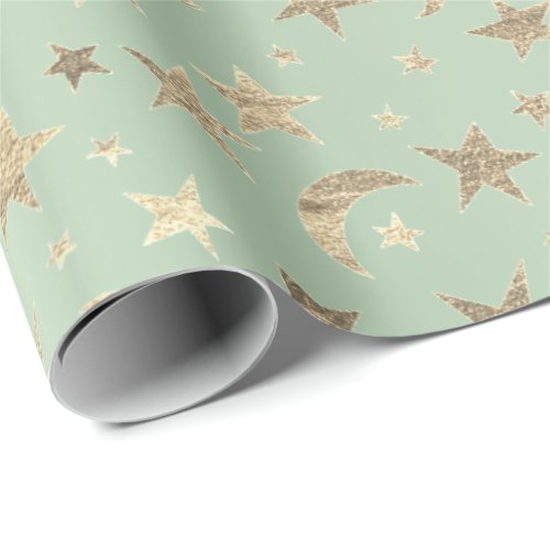 Elegant Golden Stars Moon Mint Green Champaigne Wrapping Paper
