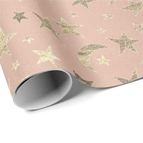 Elegant Golden Stars Moon Rose Pink Champaigne Wrapping Paper