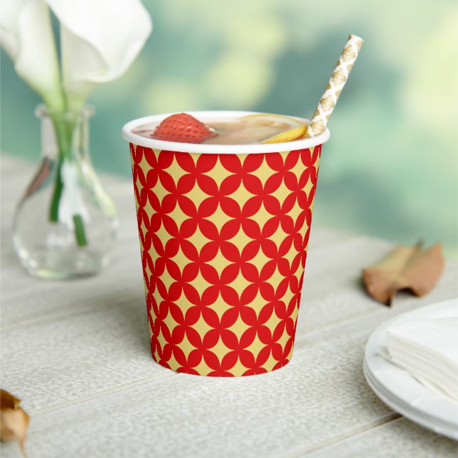 Elegant Golden Stars on Red Party Paper Cups (Insitu)