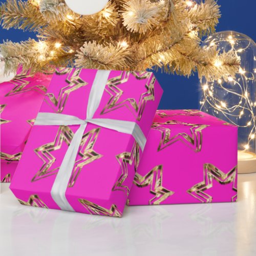 Elegant Golden Stars Pattern Hot Pink Christmas Wrapping Paper