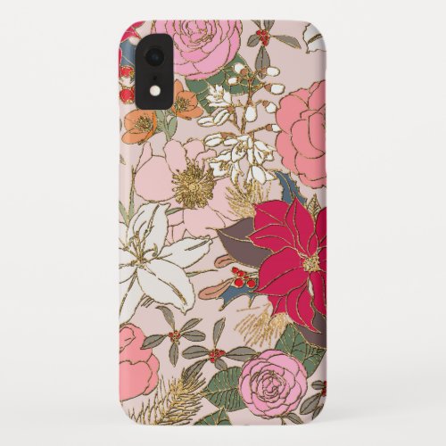 Elegant Golden Strokes Colorful Winter Floral iPhone XR Case