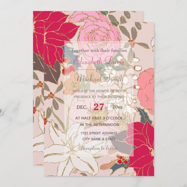 Elegant Golden Strokes Colorful Winter Floral Invitation (Front/Back)