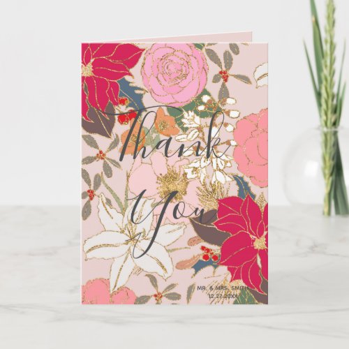 Elegant Golden Strokes Colorful Winter Floral Thank You Card