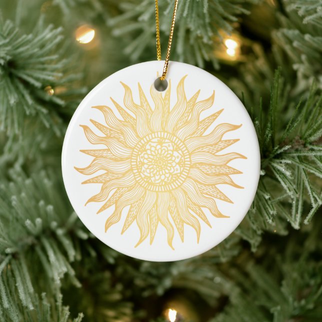 Elegant Golden Sun Mandala Ceramic Ornament (Tree)