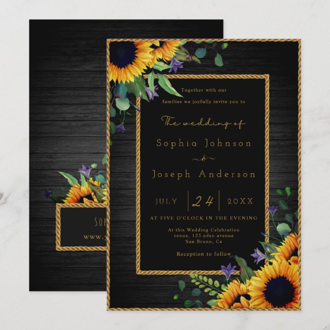 Elegant Golden Sunflowers & Rustic Wood Wedding Invitation (Front/Back)