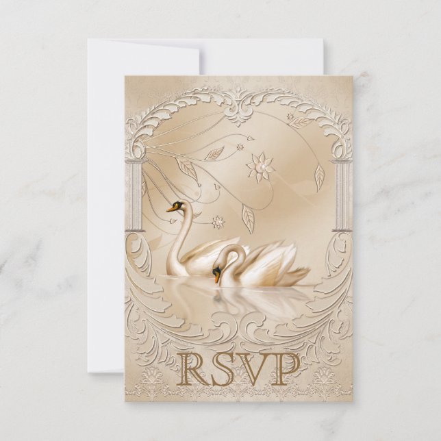 Elegant Golden Swans Ornate Formal Wedding RSVP (Front)