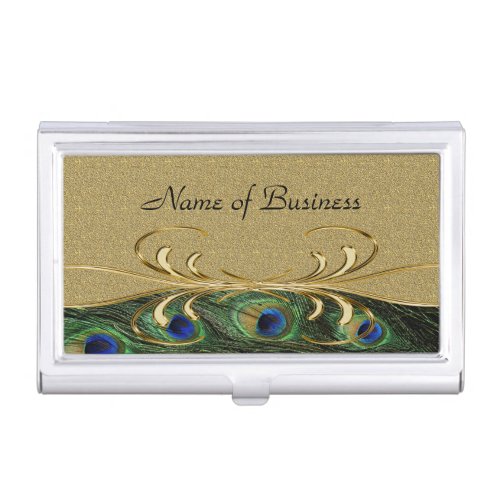 Elegant Golden Swirl Peacock Feathers Business Card Holder