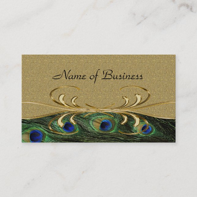 Elegant Golden Swirl Peacock Feathers Double-Sided Business Card (Front)
