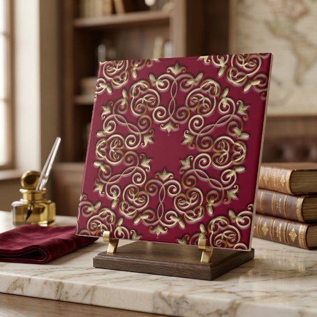 Elegant Golden Swirls and Curves on Burgundy Red  Ceramic Tile (Creator Uploaded)