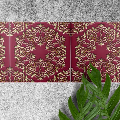 Elegant Golden Swirls and Curves on Burgundy Red  Ceramic Tile