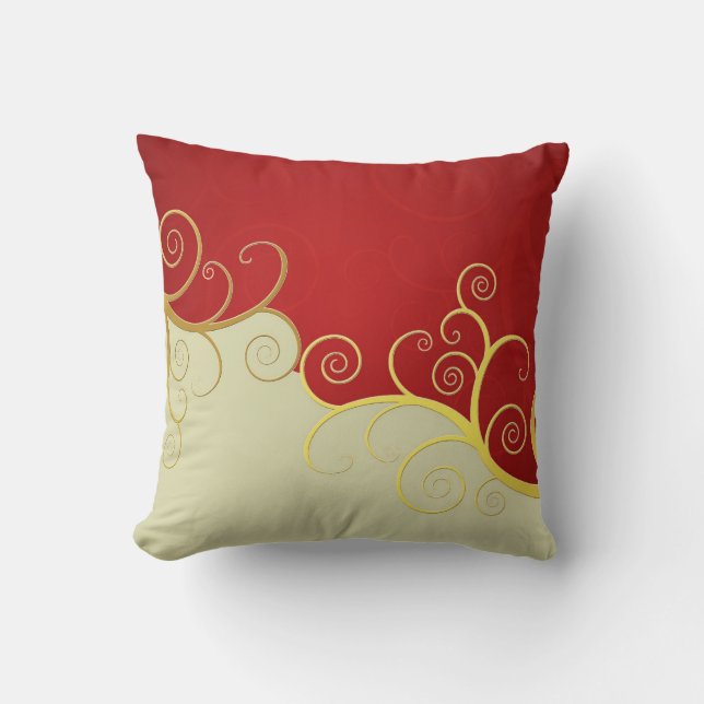Elegant golden swirls on red and cream throw pillow (Front)