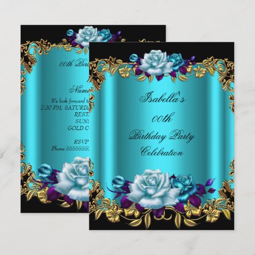 Elegant Golden Teal Blue Purple Roses Birthday 4.25x5.5 Paper Invitation Card