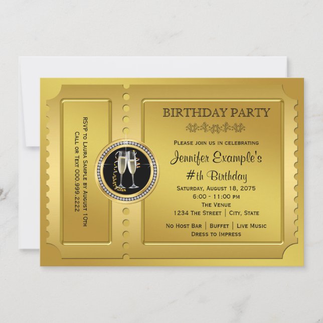 Elegant Golden Ticket Birthday Party Invitation (Front)