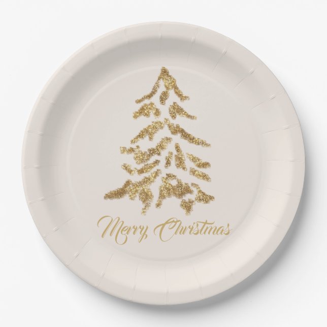 Elegant Golden Tree Merry Christmas Paper Plates (Front)
