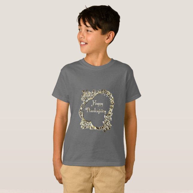 Elegant Golden Turkey Happy Thanksgiving Text T-Shirt (Front Full)
