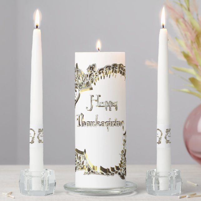Elegant Golden Turkey Happy Thanksgiving Text Unity Candle Set (In Situ)