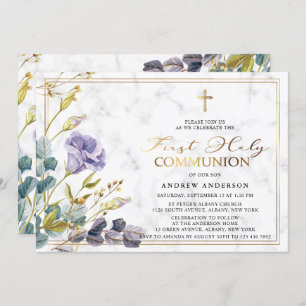 Elegant Golden Vintage Floral First Holy Communion Invitation
