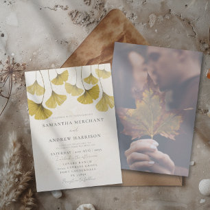 Elegant Golden Watercolor Ginkgo leaf Wedding Invitation