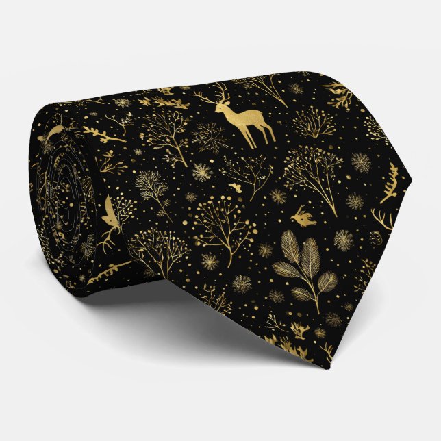 Elegant Golden Winter Forest Pattern Neck Tie (Rolled)