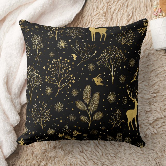 Elegant Golden Winter Forest Pattern Throw Pillow (Blanket)