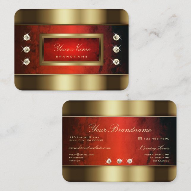 Elegant Golden with Red Marble and Faux Diamonds Business Card (Front/Back)
