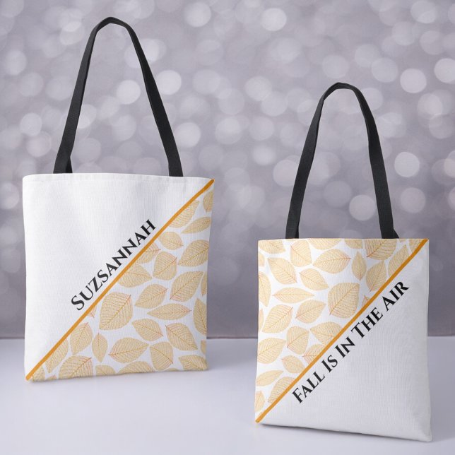 Elegant Golden Yellow Leaf Pattern on a Diagonal  Tote Bag (front and back of diagonal designed tote bag)