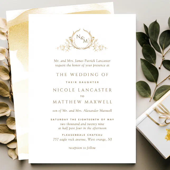 Elegant Golden Yellow Monogram Formal Wedding Invitation | Zazzle