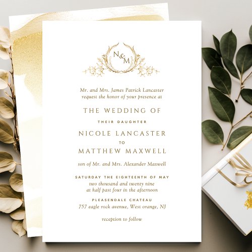 Elegant Golden Yellow Monogram Formal Wedding Invitation