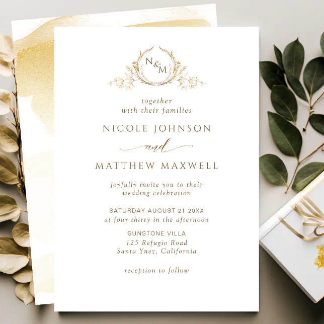 Elegant Golden Yellow Monogram Wedding Invitation | Zazzle